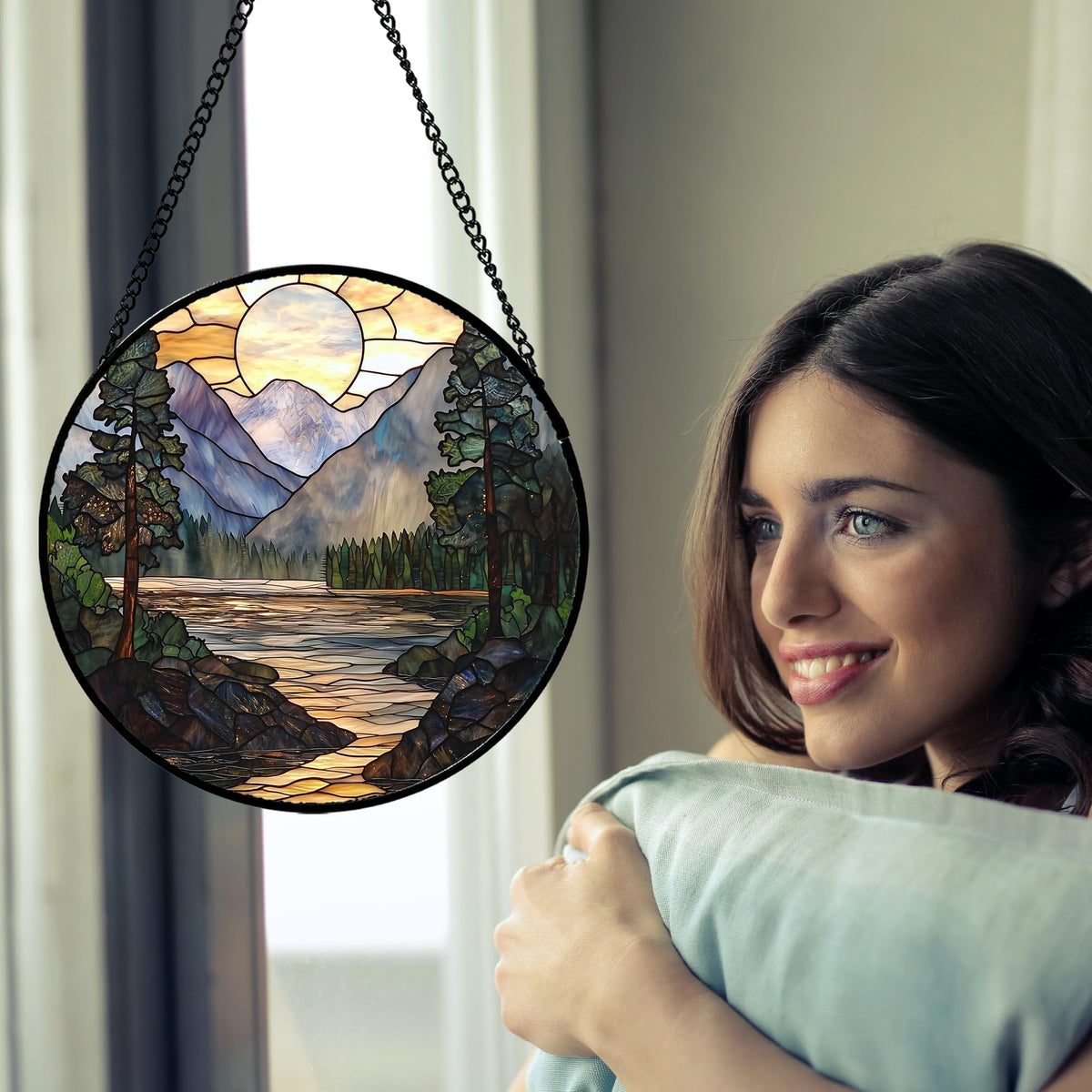 AMDERVEN Stained Glass Window Hanging, Sunset Mountains Lake Tree Sun Catcher for Window Home Decor Landscape Suncatcher Mother's Day Birthday Gifts for Women Men Mom and Nana 9.8 in