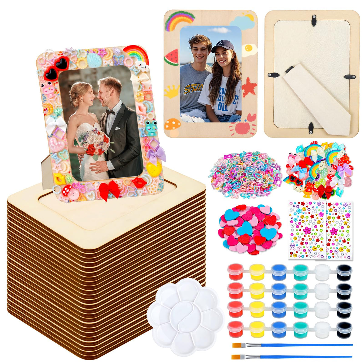 Picture Frame Painting Craft Kit,24 Pack Unfinished Wooden Picture Frames 4 x 6 Inch with Pearl Resin Diamond and Foam Stickers for DIY Paint and Decorate Craft Birthday Wedding Gifts