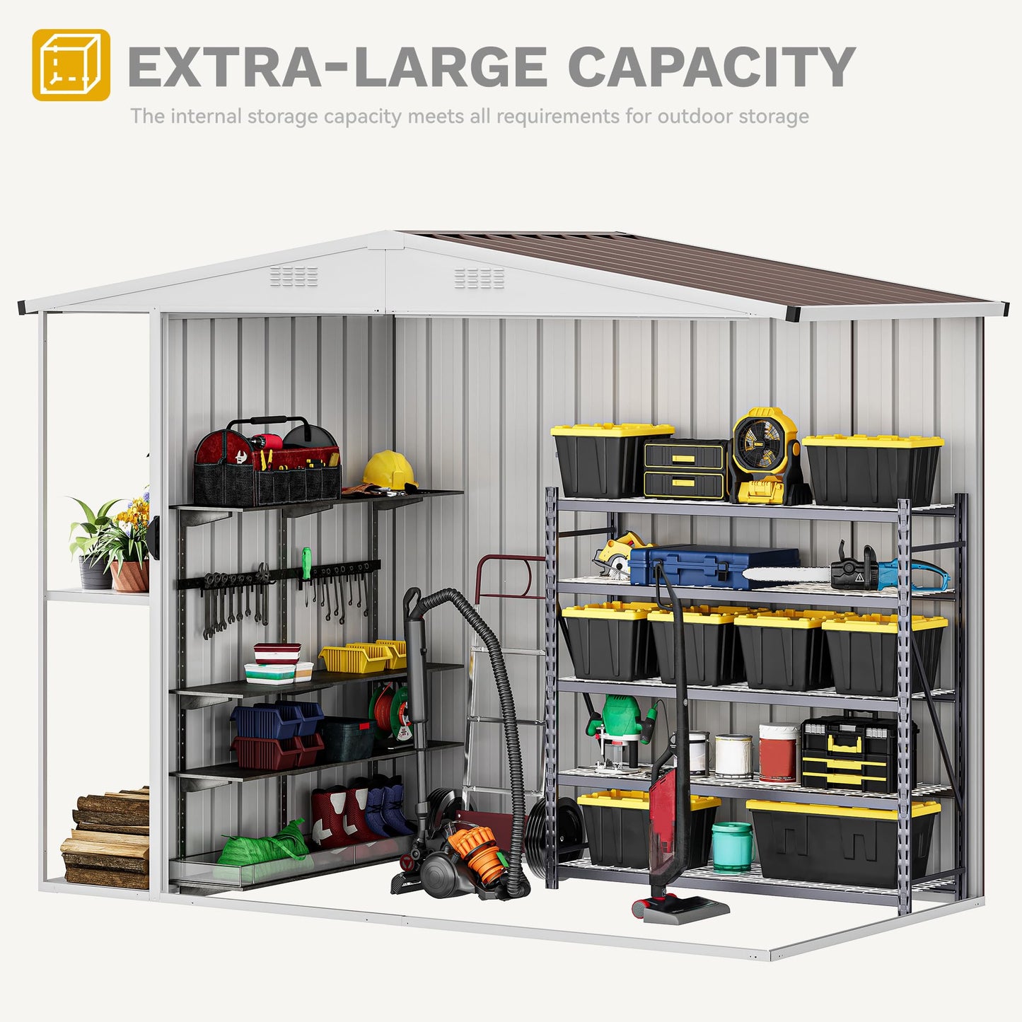 DWVO Outdoor Storage Shed 8x4FT with Rack, Metal Garden Shed with Storage Shelves, Bike Storage Tool Cabinet Box for Lawn Backyard Patio Use, Brown