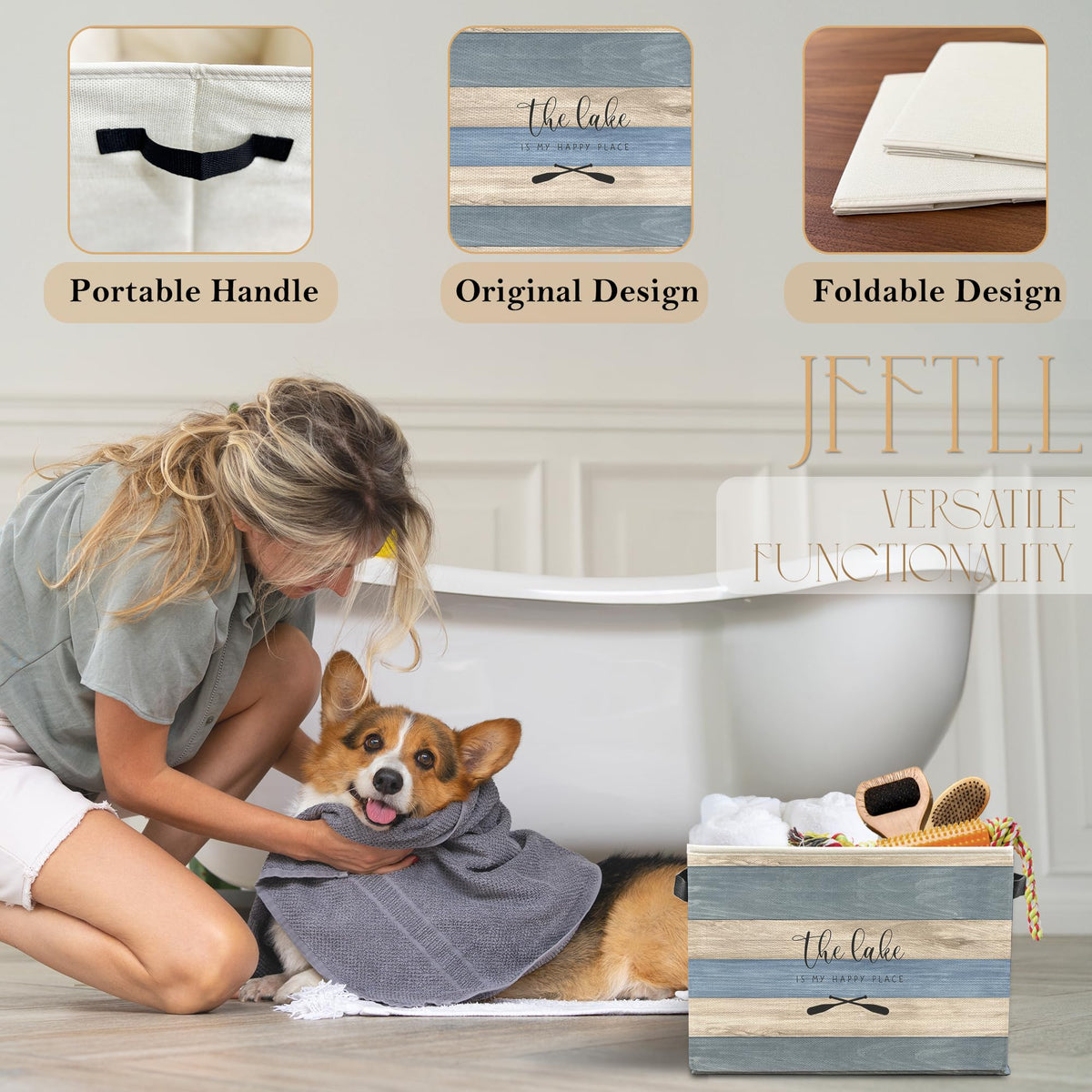 JFFTLL Lake House Storage Bins with Handles, Gifts for Lakes Lovers, the Lake Is My Happy Place Collapsible Laundry Basket Storage Box for Home Bedroom Bathroom Clothes Toys Books