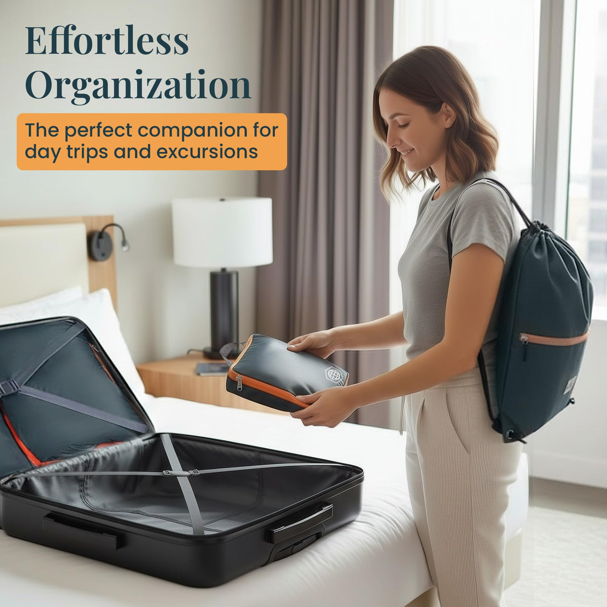 Compression Packing Cubes for Travel – 6 Piece Luggage Organizer Set with Lightweight Laundry Bag/Backpack – Travel Essentials for Carry-On Suitcase or Checked Luggage (Grey/Orange)