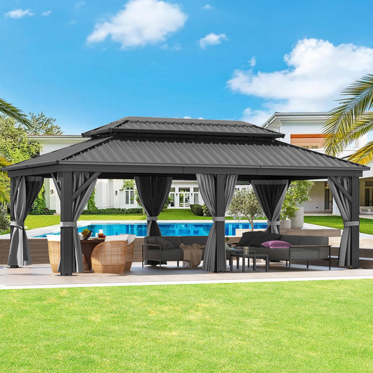 DWVO 12x20ft Hardtop Gazebo Double Roof with Nettings and Curtains, Heavy Duty Galvanized Steel Outdoor Vertical Stripes Roof for Patio, Backyard, Deck, Lawns, Gray