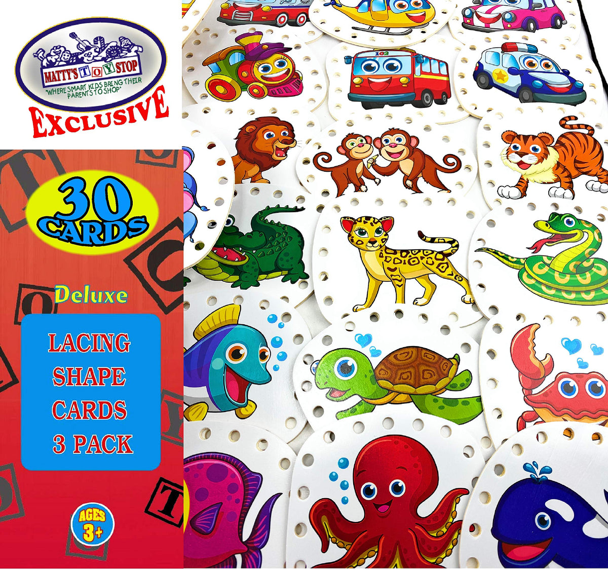 Matty's Toy Stop Deluxe Lacing Shapes (10 Count) Vehicles, Fish & Jungle Animals Educational Gift Set Bundle - 3 Pack (30 Shapes Total)