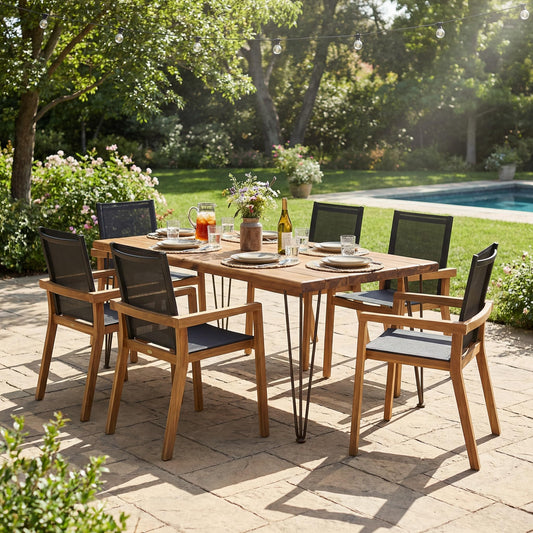 Christopher Knight Home Zion Acacia Wood Outdoor Dining Set for 6, 7 Piece Patio Dining Table and Chair Set, Wooden Outdoor Dining Armchair and Table Set, Teak+Dark Grey