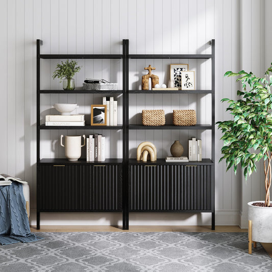 Nathan James Jasper 3-Shelf Solid Wood Boho Bookshelf, Wall Mounted Bookshelf with Cabinet with Fluted Doors, Black Oak, Set of 2