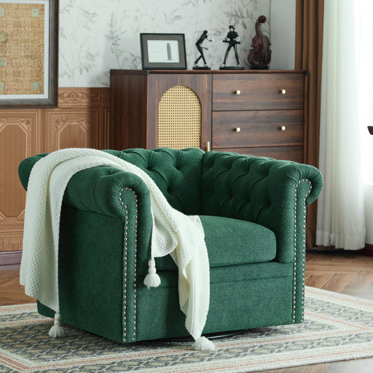 Christopher Knight Home Oakley Chesterfield Fabric Upholstered Club Chair, Button-Tufted 360° Swivel Sofa, Scrolled Arm Living Room Sofa, No Assembly Required Furniture, Dark Green