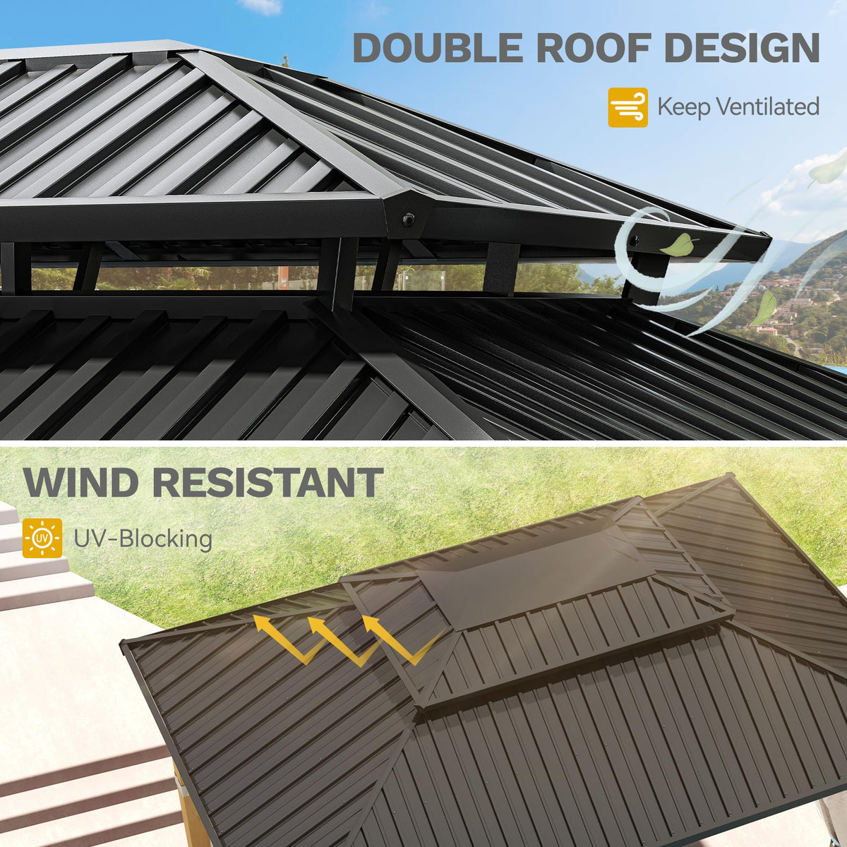 DWVO 11X13FT Gazebo Wood Outdoor Wooden Frame Double Roof Hardtop Galvanized Steel Top Canopy w/Curtain and Netting, Patio Heavy Duty for Deck, Backyard, Beige Yellow