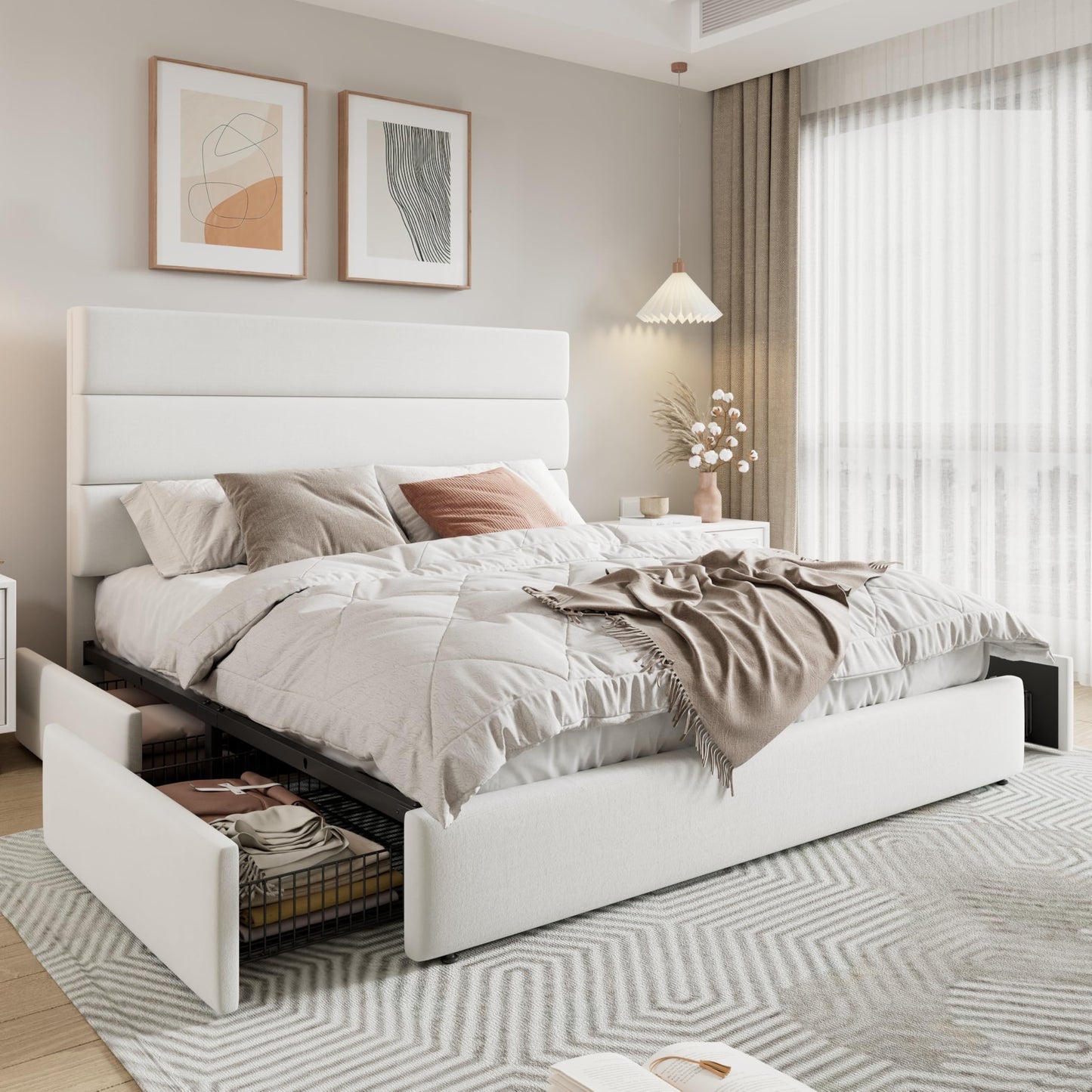 Allewie Modern Queen Size Platform Bed Frame with 4 Storage Drawers and Velvet Upholstered Headboard, Wooden Slats Support, Upholstered Mattress Foundation/No Box Spring Needed/Easy Assembly, White