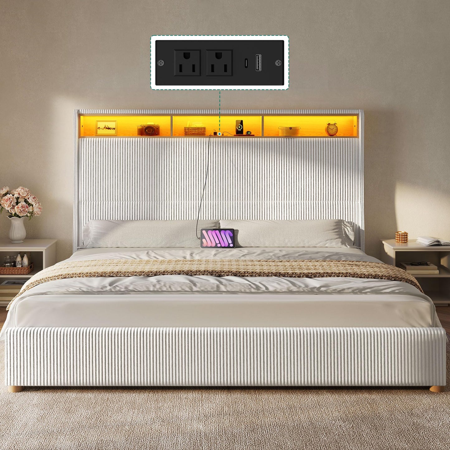 DWVO King Size Corduroy Upholstered Platform Bed Frame with Charging Station and RGB LED Lights, 53’’ Tall Storage Wingback Headboard, No Box Spring Needed, Easy Assembly, Noise-Free, White