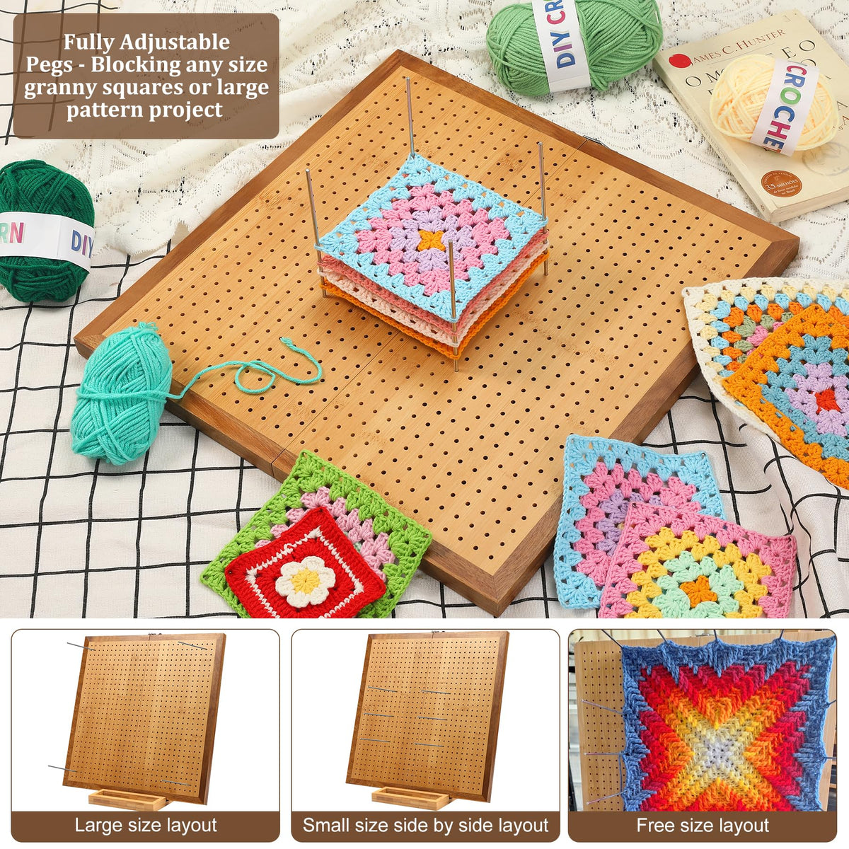 15.5" Foldable Crochet Blocking Board with 35 Stainless Steel Pegs - Upgrade Large Blocking Boards for Crochet Projects, Bamboo Granny Square Crocheting Accessories Gifts for Crocheters