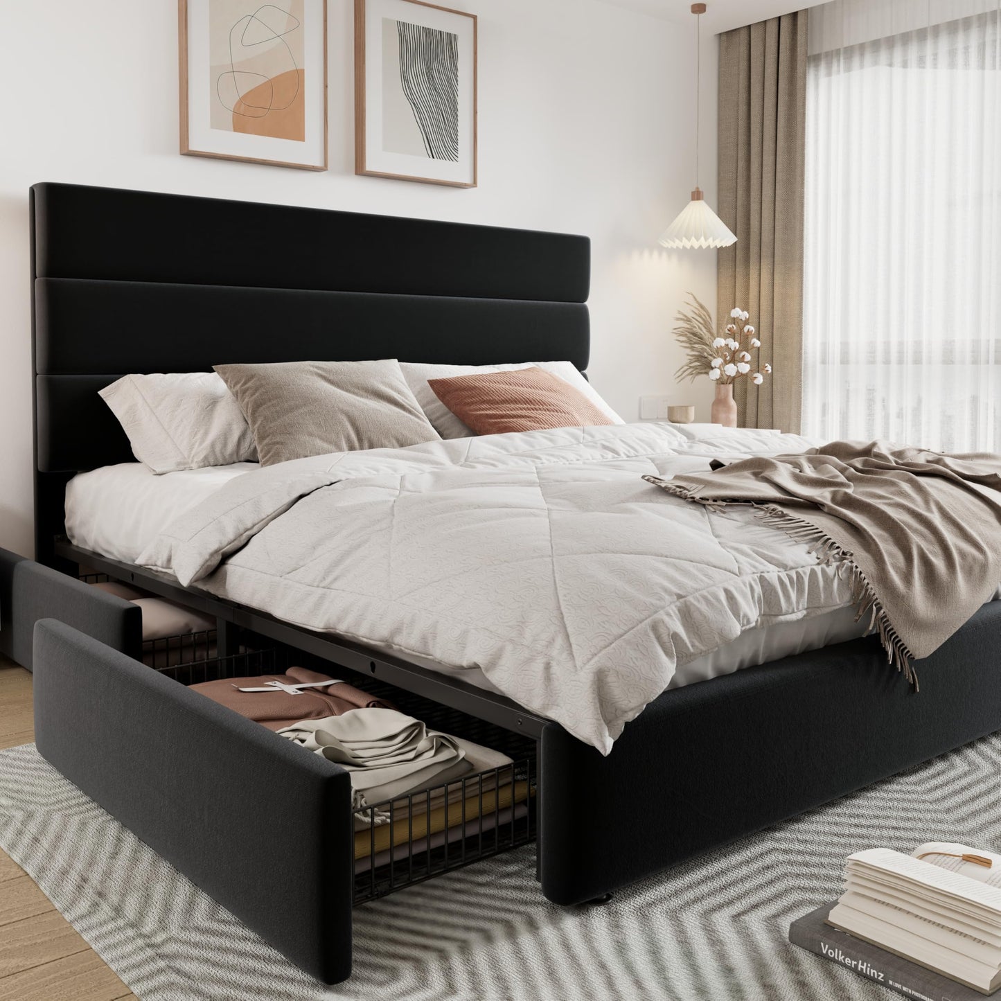 Allewie Modern King Size Platform Bed Frame with 4 Storage Drawers and Velvet Upholstered Headboard, Wooden Slats Support, Upholstered Mattress Foundation/No Box Spring Needed/Easy Assembly, Black