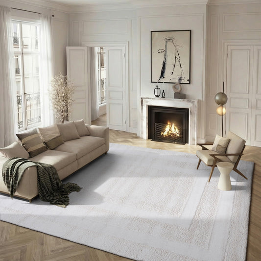 SAFAVIEH Area Rug 8x10 - Florida Shag Collection - Large - Creme & Creme, Border Design, Non-Shedding & Easy Cleaning, Plush Thick Pile, Ideal for Living Room, Bedroom, Dining Space (SG454-1111)