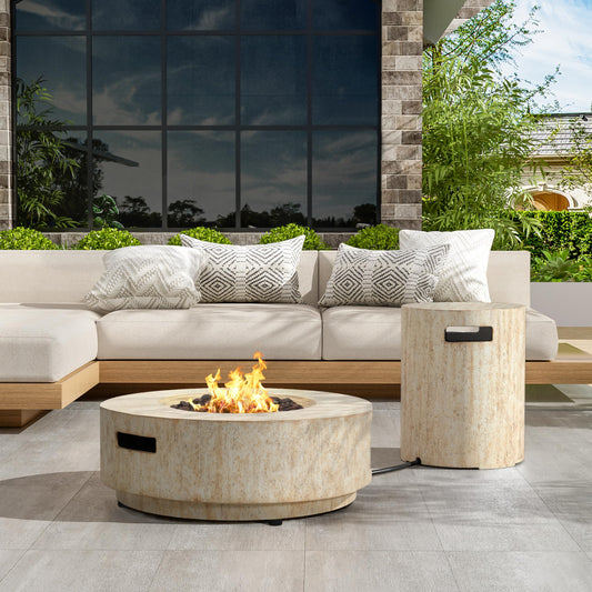 Christopher Knight Home Hearth Outdoor Fire Pit and Tank Holder Set, Lightweight Concrete Tank Table, 40000BTU Round Fire Pit, Concrete Patio Fire Table, No Assembly Needed, Travertine Beige