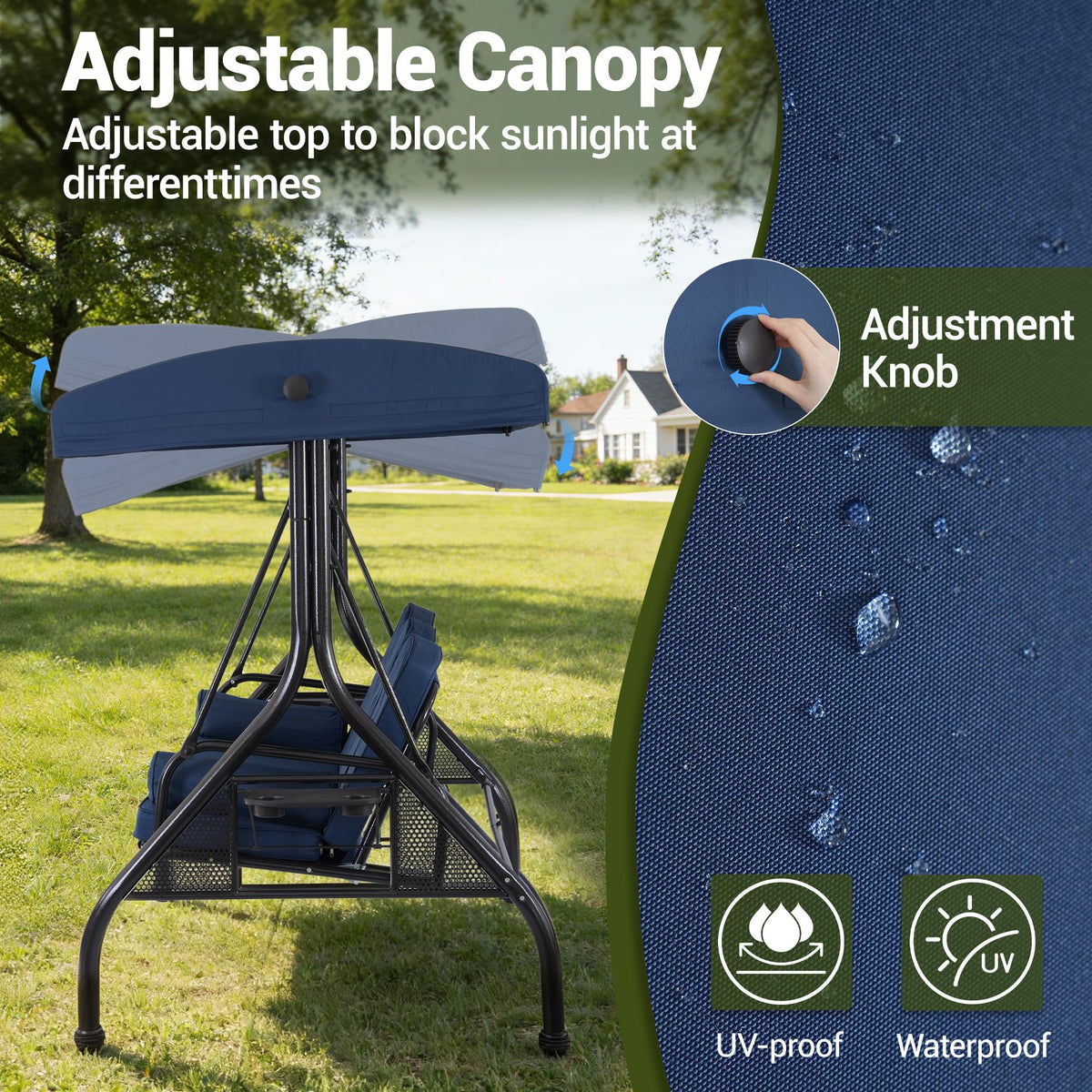 WINVO 2 in 1 Convertible Patio Swing Bed, 3-Seat Outdoor Porch Swing with Adjustable Canopy, Patio Glider Swing for Adult, with Cup Holder and Pillow for Backyard, Blue