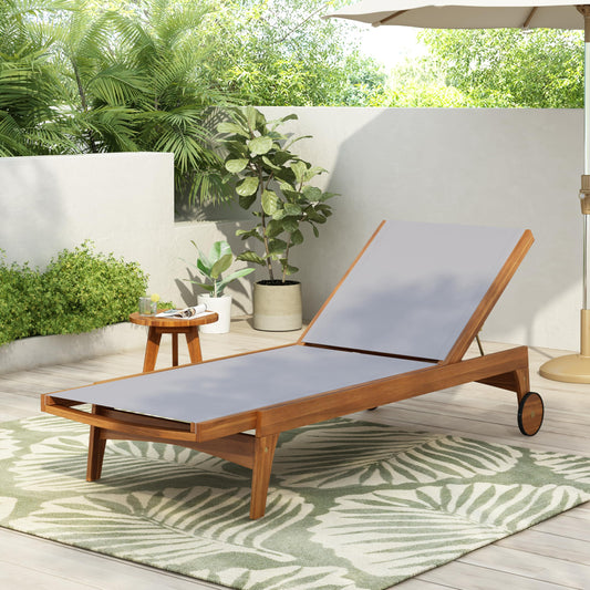 Merax Outdoor Chaise Lounge, Acacia Wood Patio Recliner with Breathable Mesh, Adjustable Backrest, Weather-Resistant Sun Lounger for Poolside & Backyard Grey