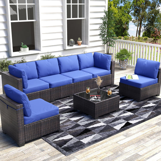 GAOMON 7 Pieces Outdoor Patio Furniture Sets, Rattan Conversation Set with Sectional Sofa, Chairs and Coffee Table, Waterproof Patio Conversation Sets (Brown & Navy Blue)
