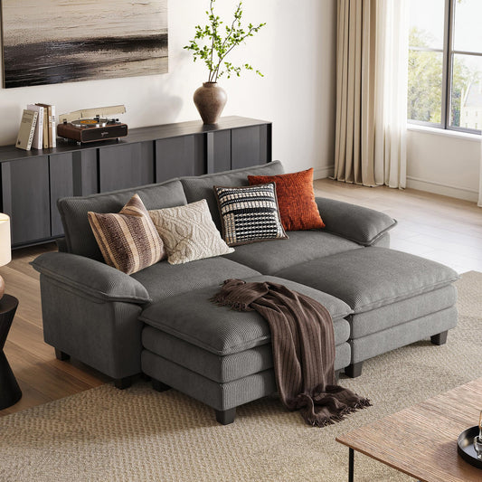 LINSY HOME Modular Sectional Sofa - 90 Inch Oversized Corduroy Cloud Couch with Movable Ottoman Soft Modern Comfy Sofa Set for Living Room Apartment Office, Grey
