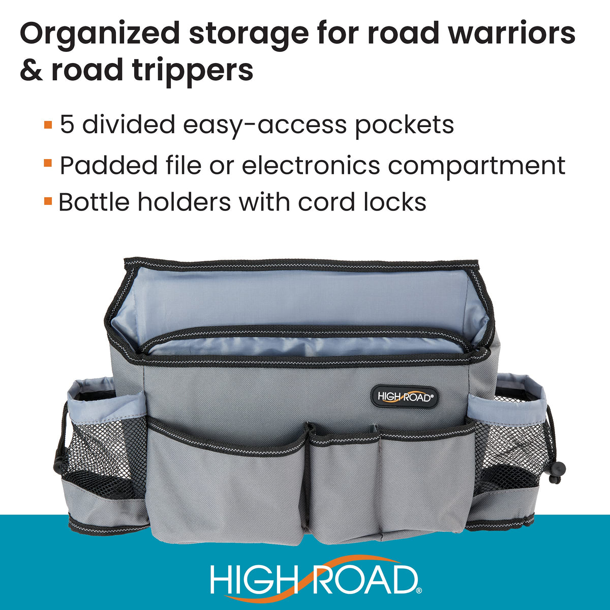 High Road SwingAway Front Seat Car Organizer for Daily Driving Essentials with Side Bottle and Cup Holders