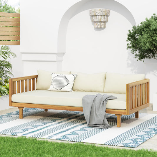 Christopher Knight Home Claremont Outdoor 3 Seater Acacia Wood Daybed with Fabric Water Resistant and Removable Cushions, Patio Garden Poolside Sofa with Slat Paneling Armrest and Back, Teak and Beige