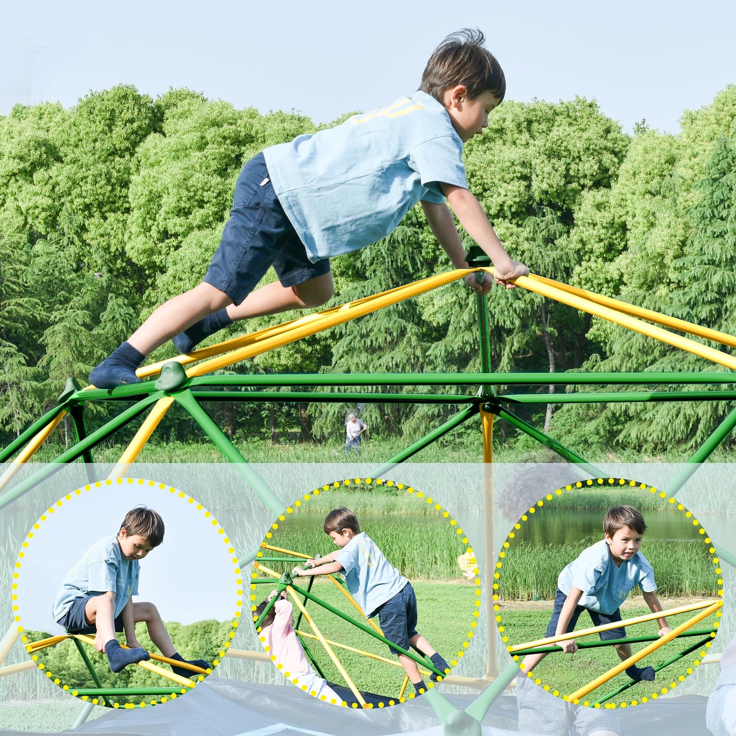 13ft Large Kids Climbing Dome Geometric Jungle Gym Play Structure with 1000 LB Capacity Green & Yellow Outdoor Play Equipment for Backyard Weather-Resistant Steel Frame
