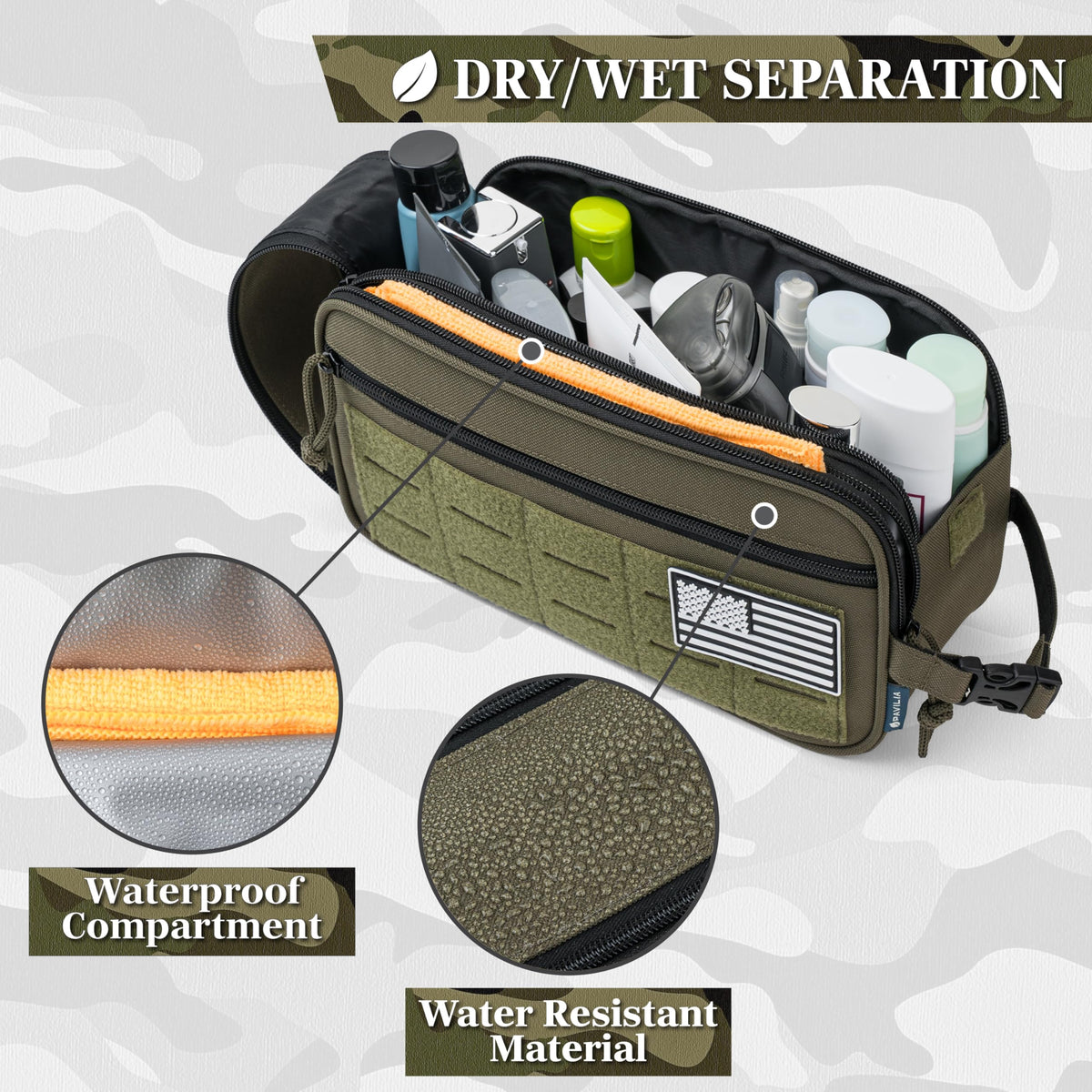 PAVILIA Tactical Toiletry Bag for Men, Travel Hygiene Bag, Military Gear Dopp Kit, Water Resist Molle Accessories Pouch, Mens Shaving Essentials, Gym Bathroom Shower Small Toiletries Tool EDC, Olive