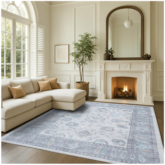 Fame Rugs Gray Modern Oushak Rug 9x12, Vintage Turkish Colorful Oriental Washable Antique Inspired Oversize Area Rugs, Luxury Living Room Bedroom (384GB, 9' x 12)