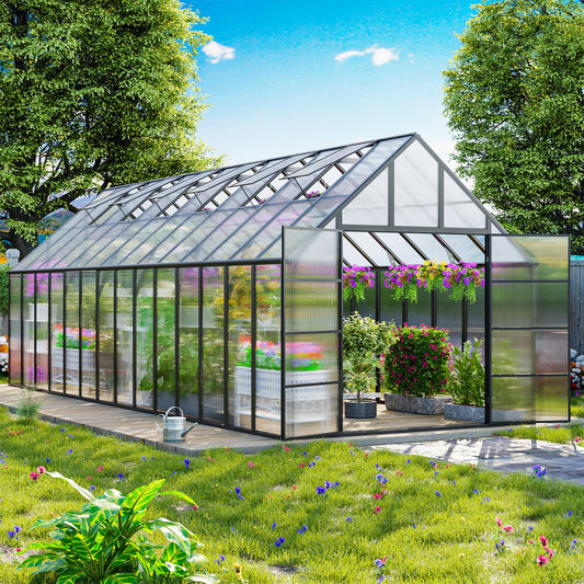 SELLERWE 28x10x10 FT Large Greenhouse, Easy Assembly Thicker Aluminum Hybrid Polycarbonate Greenhouses for Outdoors w/6 Windows,Heavy Duty Walk-in Greenhouses for Outside, Backyard, Graden