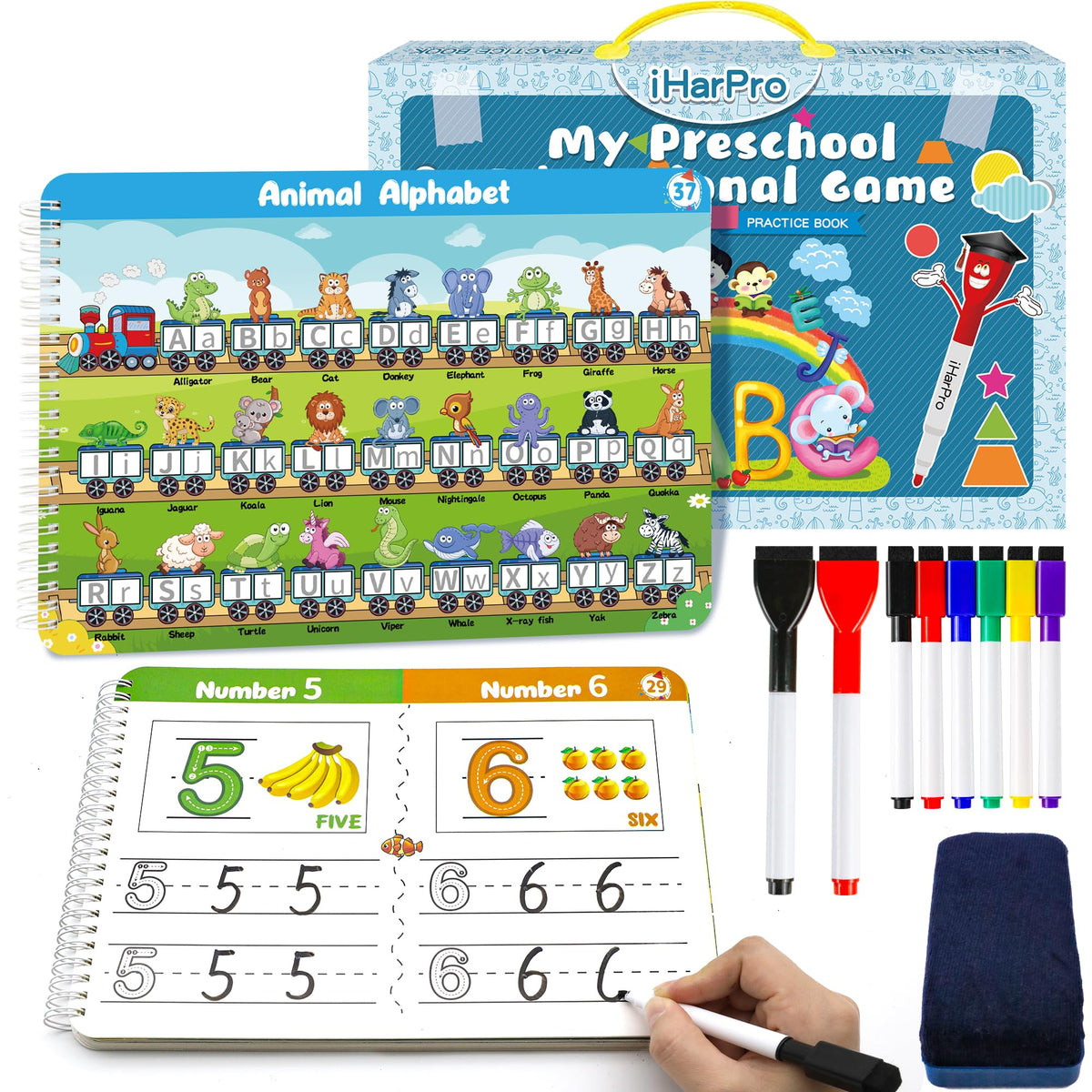 Handwriting Practice Tracing Books for Kids Ages 3-5, Montessori Preschool Learning Activity, Autism Educational Learn Number Letters Shapes Animal & Sight Words Workbook with 8 Dry Erase Markers