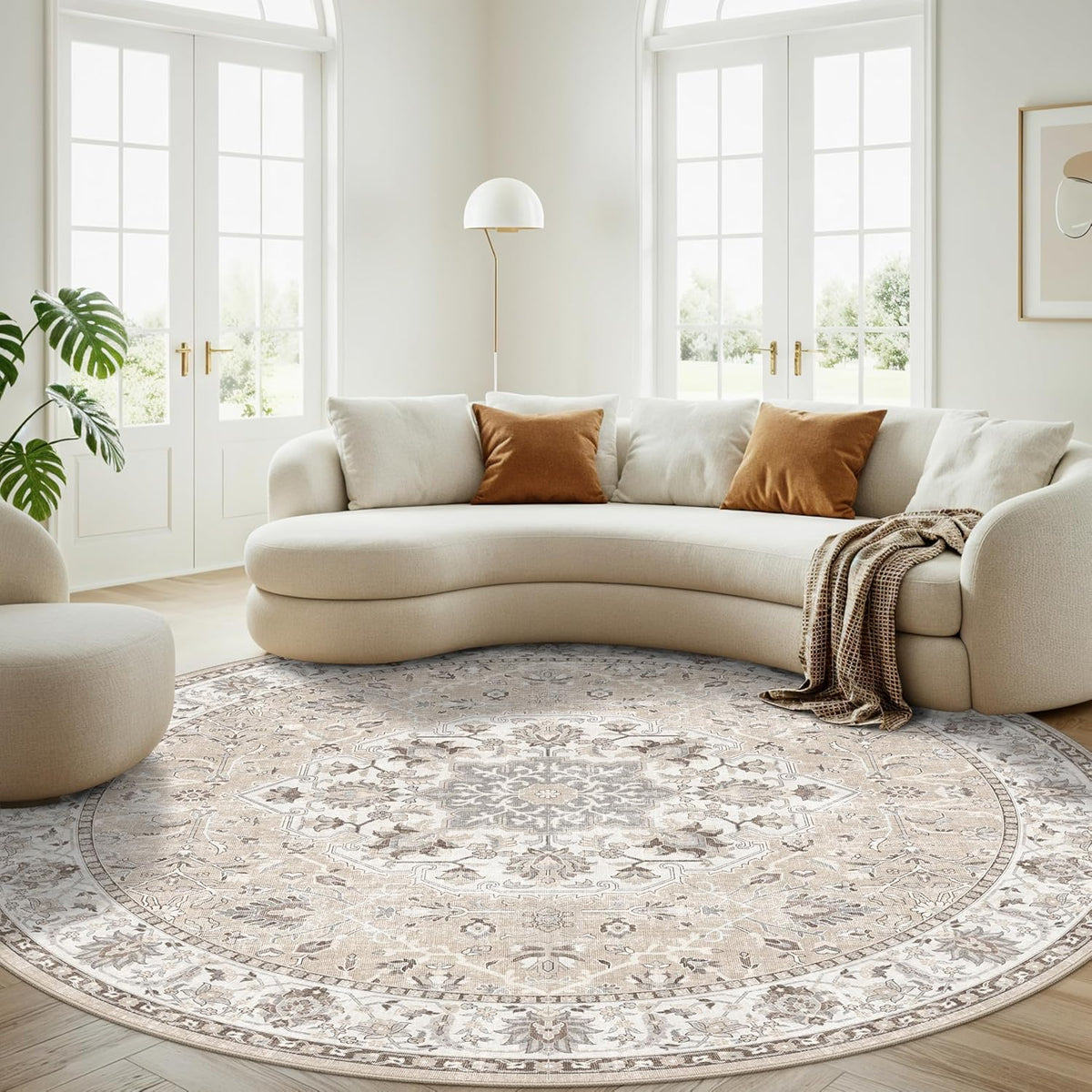 Skiennix Washable 6ft Circle Rug - Soft Low-Pile Area Rug for Living Room, Bedroom, Nursery | Beige