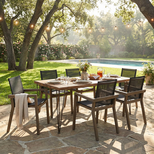 Christopher Knight Home Zion Acacia Wood Outdoor Dining Set for 6, 7 Piece Patio Dining Table and Chair Set, Wooden Outdoor Dining Armchair and Table Set, Teak+Dark Grey+Grey