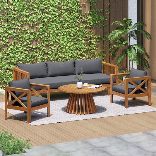 Merax Outdoor 4-Piece Acacia Wood Conversation Set - Patio 3-Seat Loveseat Sofa w/Coushion, 2 Armchair and Round Coffee Table for Backyard, Lawn, Balcony, Teak + Gray