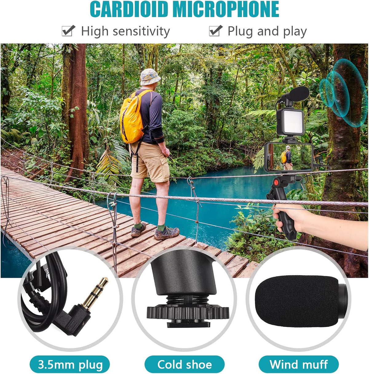 Andoer Smartphone Vlog Kit Mini LED Video Light + Cardioid Microphone + Extendable Phone Clip + Tripod with Adjustable