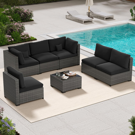 LHBcraft 7 Piece Patio Outdoor Furniture Set, Outdoor Sectional, All-Weather Hand-Woven Wicker Black Patio Sectional, Rattan Outside Furniture with Cushion and Glass Coffee Table