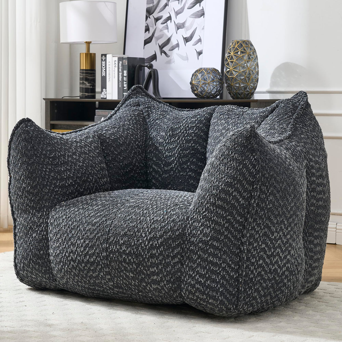 Large Chenille Bean Bag Chair for Adults - Oversized Square Lazy Sofa, Comfortable Gaming Reading TV Seat, 47.2" W x 36.2" D, Black, Living Room & Bedroom Essential