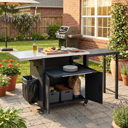 Outdoor Folding Kitchen Cart with Dual Stainless Steel Tops, Rolling Grill Prep Table with Cabinet Drawer and Trash Rack, Portable BBQ Serving Cart with Lockable Wheels for Patio Backyard, Black
