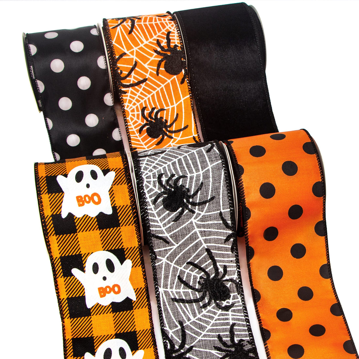 Ribbli Halloween Ribbon Wired,6 Rolls Orange and Black Halloween Ribbon 2.5 Inch Total 90 Feets(30 Yards), Ghost/Spider/Polka Dot/Black Velvet Ribbon for Crafts,Wreaths,Party Decoration