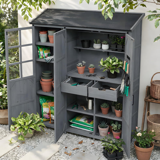 Merax Outdoor Wood Large Garden Storage Shed with Waterproof Roof, Patio 3 Doors Storage Cabinet with Workstation, 7 Storage Shelves, 2 Drawers and 6 Hooks for Backyard, Gray