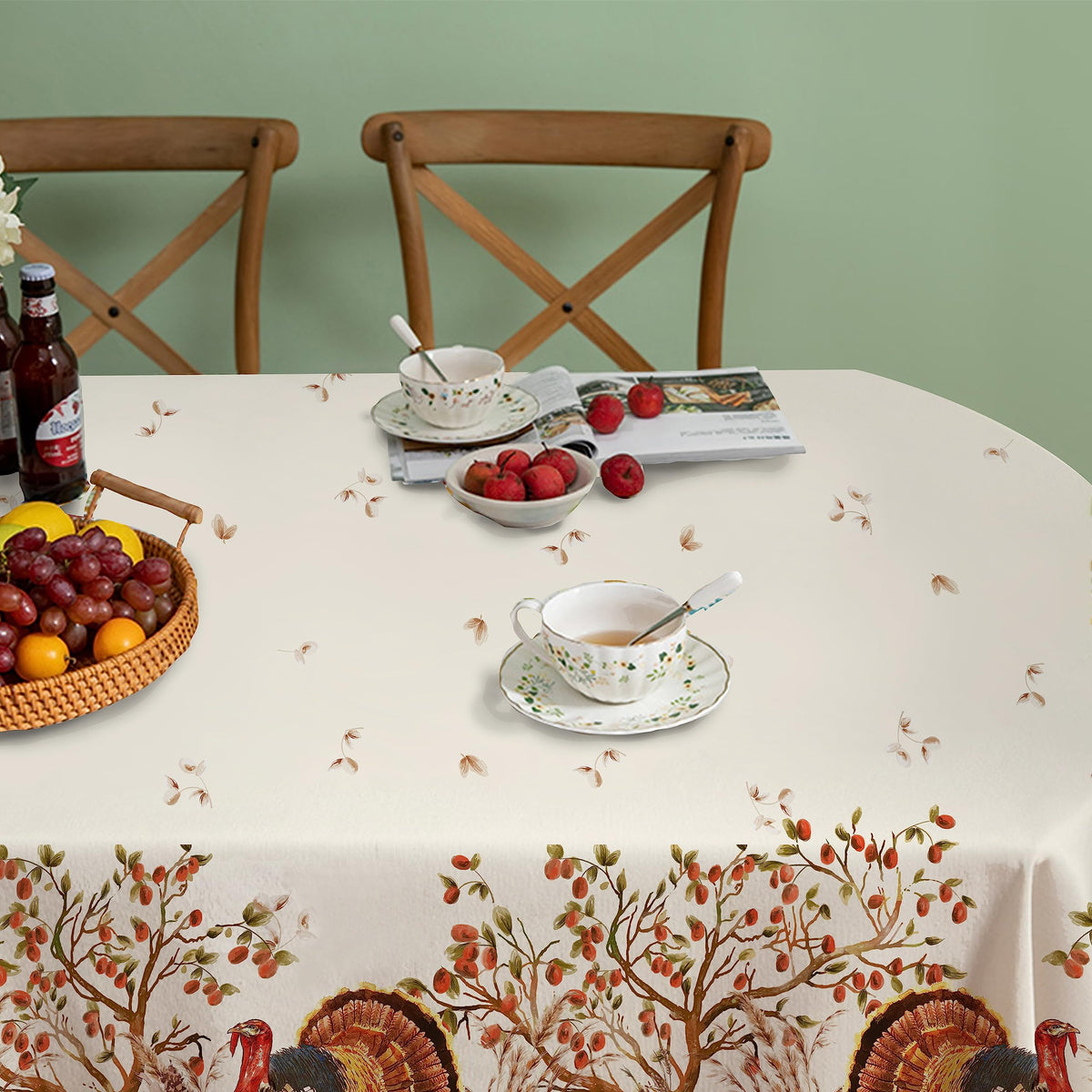 Virtumob Fall Thanksgiving Double Border Decoration Tablecloth, Turkey & Pumpkin Harvest Tablecloths, Waterproof Table Cover for Dinner Kitchen Party Holiday Decorations Oval 60 x 84 Inch