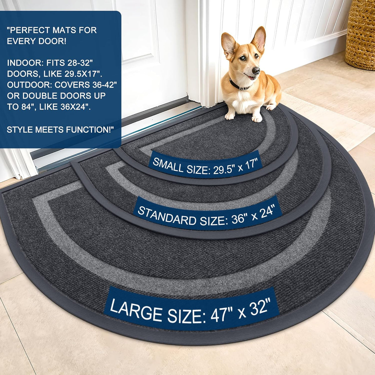 OLANLY Half Circle Door Mat - Waterproof All-Season Welcome Mat | Sturdy Natural Rubber, 59x23, Grey