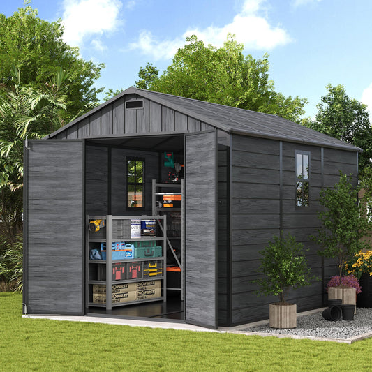 UDPATIO Outdoor Resin Storage Shed 8 x 10 FT, Plastic Storage Shed with Floor Large Outdoors Garden Tool Storage Shed Outside Clearance Shed with Lockable Door for Bike, Backyard, Patio, Dark Grey