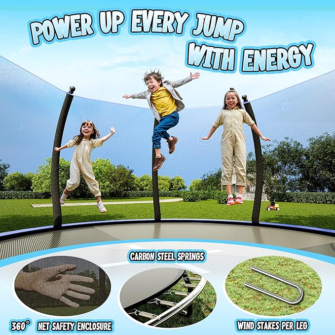 8FT 10FT 12FT 14FT 16FT Trampoline with Pop-up Quick Connector and Basketball Hoop, Trampoline Outdoor with Enclosure, Ladder, ASTM Approval for Kids and Adults