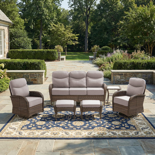 Luxury Patio Furniture Set with 6-inch Thick Cushions, Outdoor Furniture Set with High Back Swivel Chairs, 6 PCS Wicker Outdoor Conversation Set for Porch, Patio, Yard, Deck, Poolside, Brown/Beige