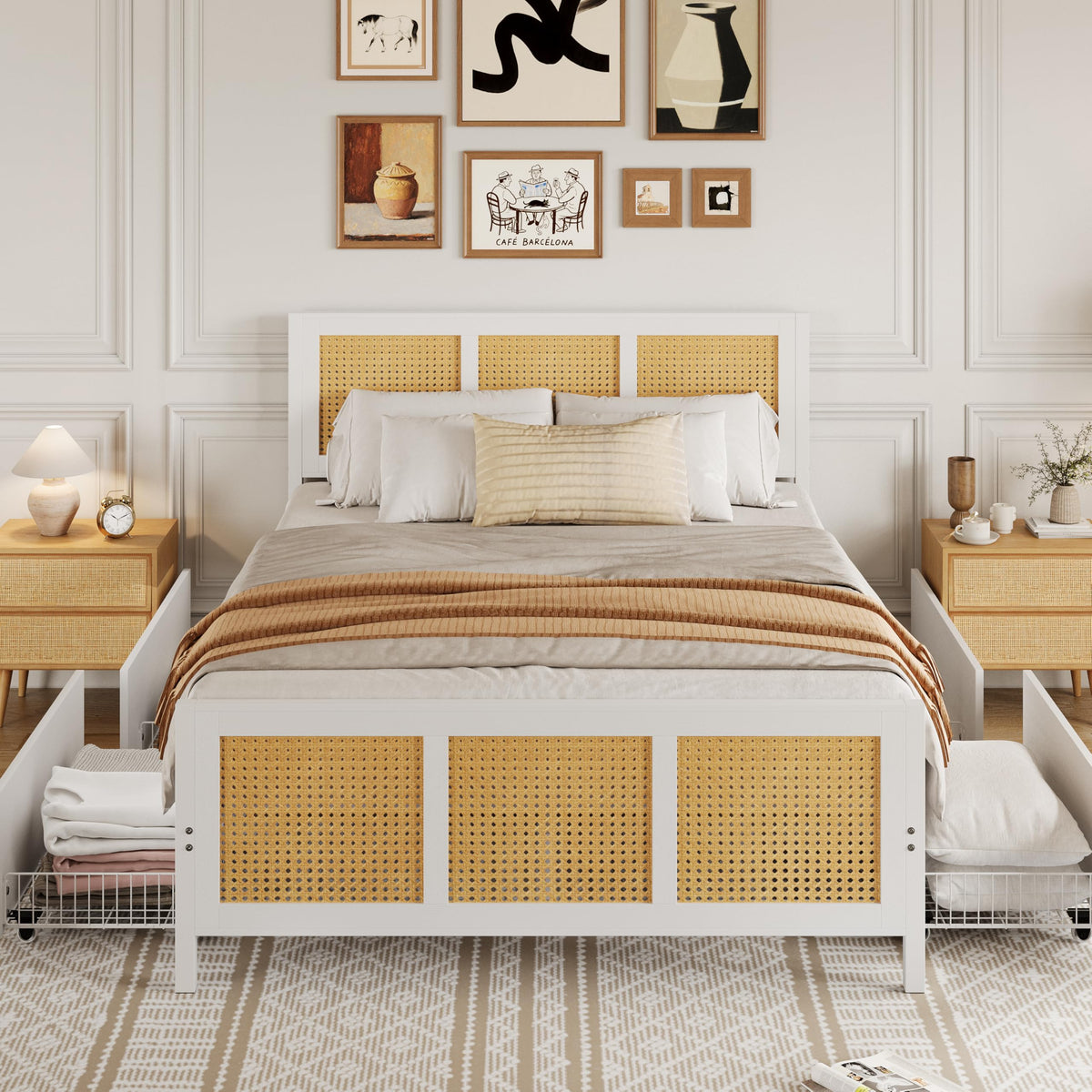 Garvee Rattan Queen Bed Frame with LED Headboard (7 Colors), Boho Cane Platform Bed with 4 Large Drawers, Strong Metal Slats Support, Noise Free, No Box Spring Needed, Easy Assembly, White