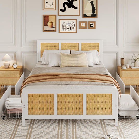 Garvee Rattan Queen Bed Frame with LED Headboard (7 Colors), Boho Cane Platform Bed with 4 Large Drawers, Strong Metal Slats Support, Noise Free, No Box Spring Needed, Easy Assembly, White