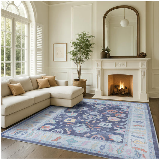 Fame Rugs Navy Blue Modern Oushak Rug 9x12, Vintage Turkish Colorful Oriental Washable Antique Inspired Oversize Area Rugs, Luxury Living Room Bedroom (386PBL, 9' x 12) (388NB, 9' x 12)