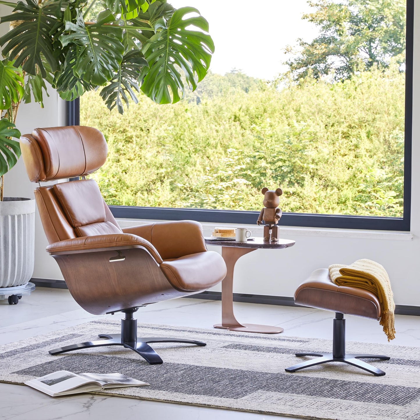 CHITA Genuine Leather Reclining Swivel Chair with Adjustable Headrest and Ottoman for Living Room, Saddle