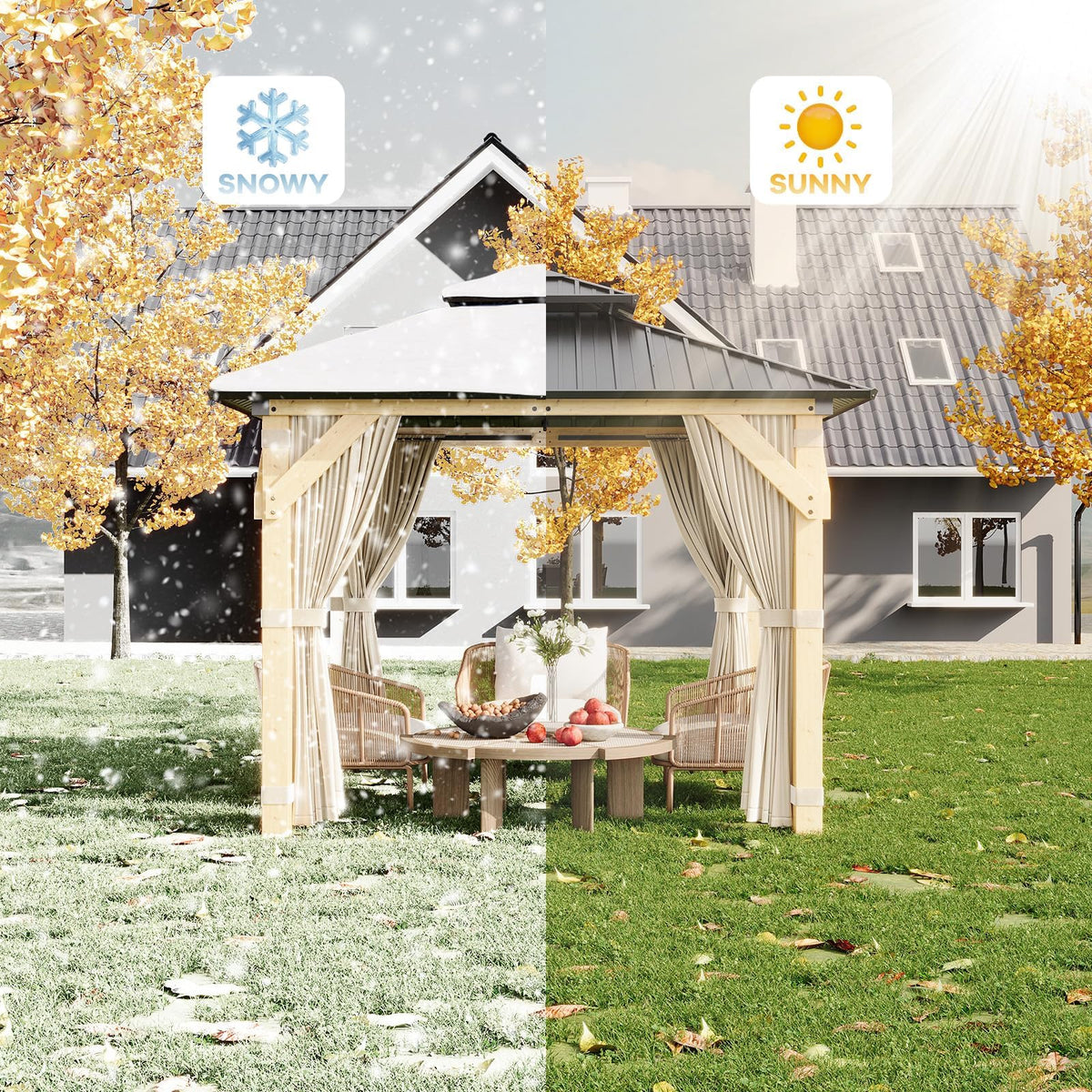 10x10 FT Outdoor Hardtop Wood Gazebo with Cedar Frame, Double Galvanized Steel Roof, Patio Pavilion with Curtains, Mesh Netting & Ceiling Hook for Backyard, Deck, Lawn, Garden