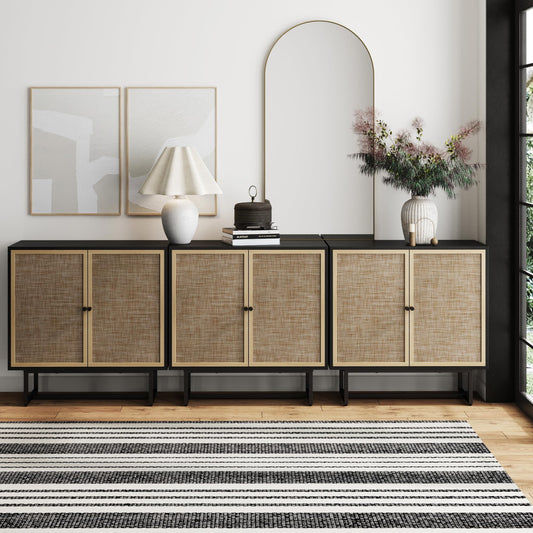 Nathan James Kova Rattan Wood Accent Sideboard Storage Cabinet TV Stand with Matte Metal Frame, Adjustable Shelves and Cane Doors, for Hallway, Entryway or Living Room, Black Oak/Cane, Set of 3