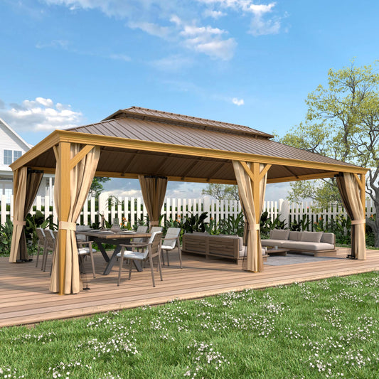 EROMMY 14'x22' Hardtop Gazebo, Galvanized Steel Double Roof with Wood Grain Aluminum Frame, Outdoor Gazebo with Curtains and Nettings for Patio, Backyard and Deck