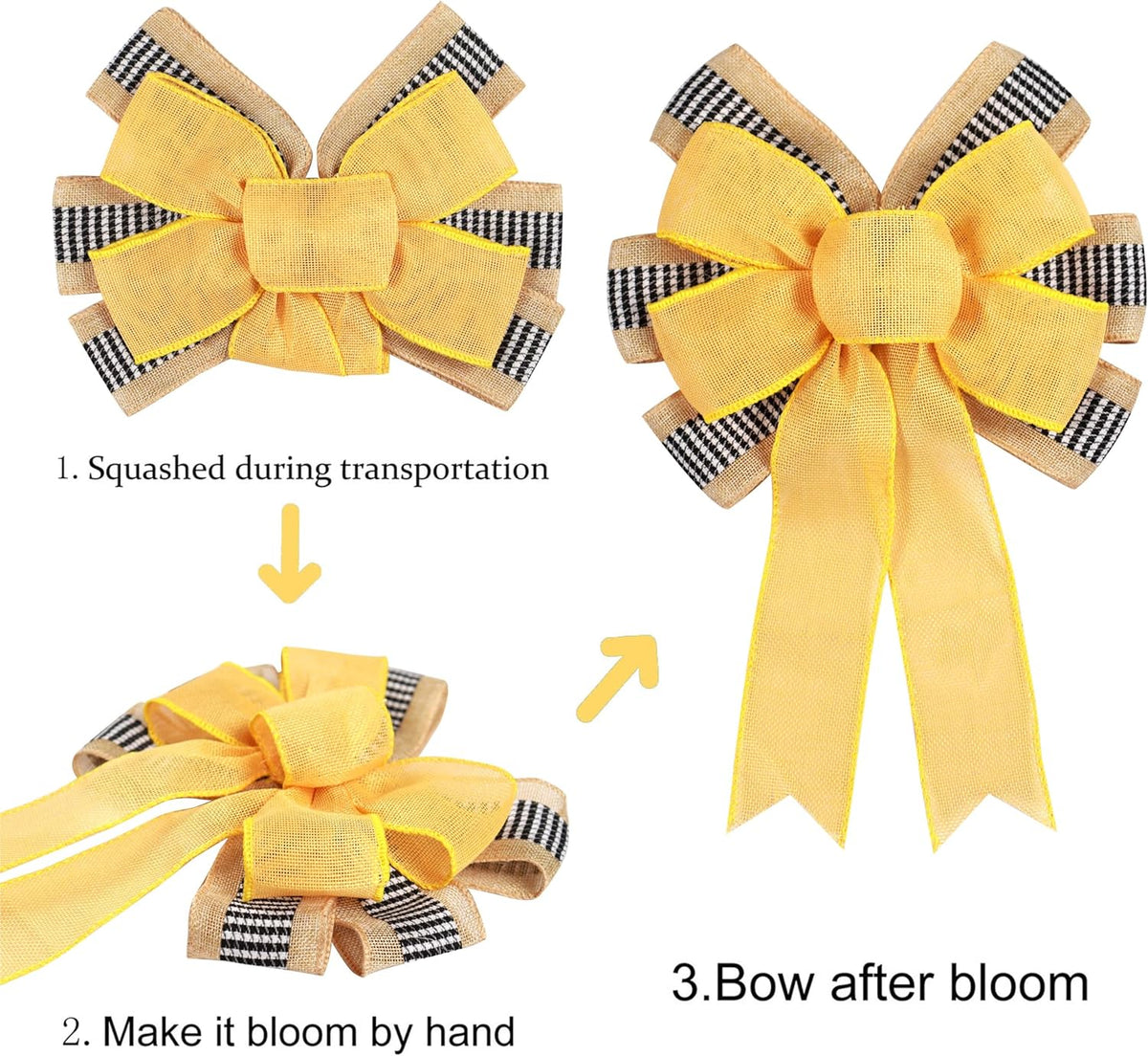 Skiennix Decorative Bow | 2 PCS Spring Summer Wreath Decor with Yellow Burlap & Black Stripe Ribbon